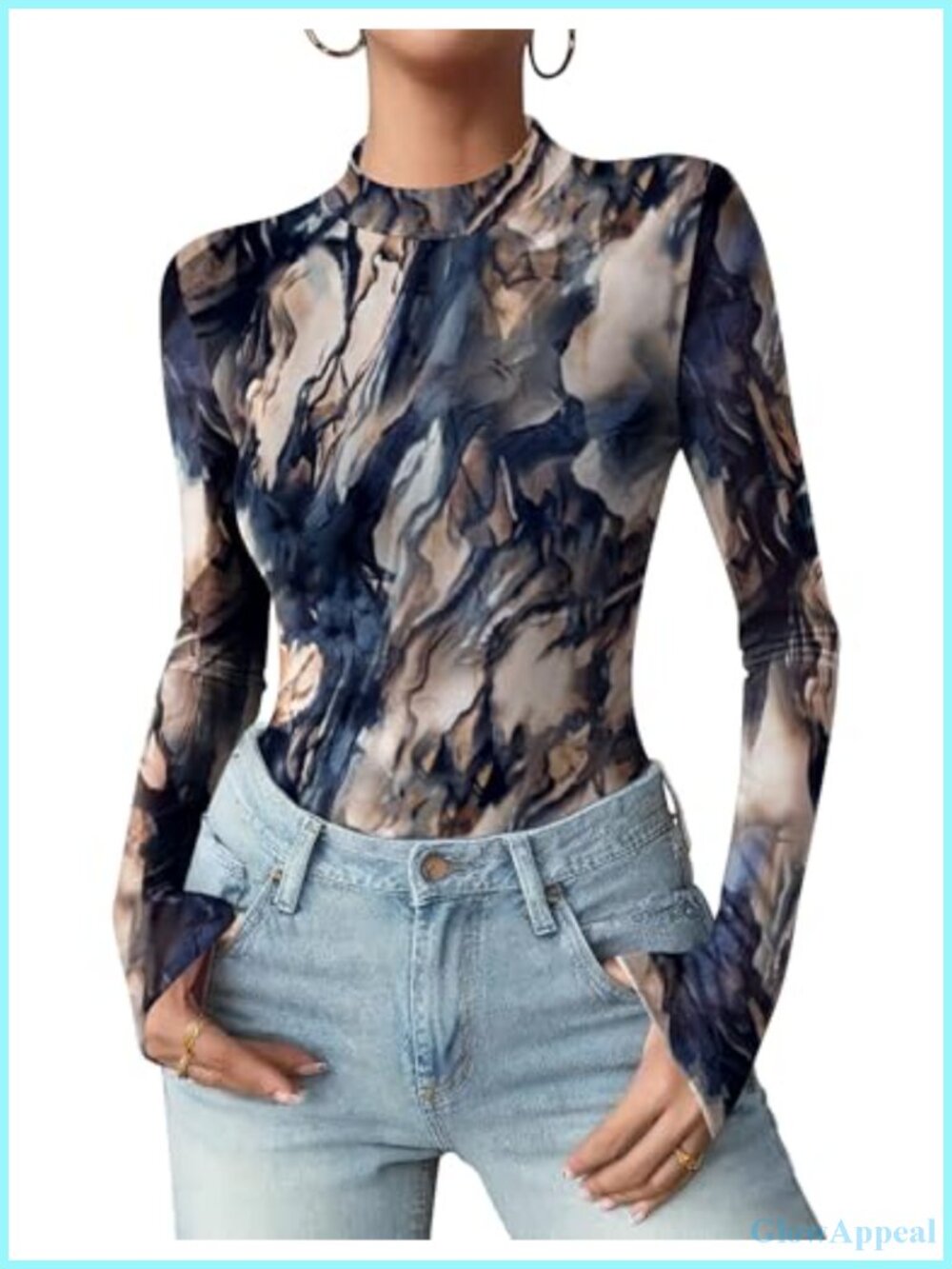 Women Floral Mesh Long Sleeve Mock Neck See Through Blouse